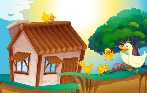 卡通享受上救生圈与弹吉他和唱歌鸭子在池塘里游泳狗新斯科舍省鸭寻回