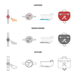 水表浴缸等设备。水暖套装集合图标卡通, 轮廓, 单色风格矢量符号股票插画网站