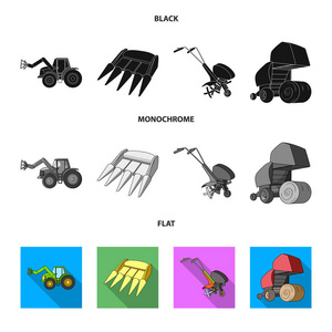 摩托块拖车等农业设备。农业机械集合图标黑色, 扁, 单色矢量符号股票插画网站