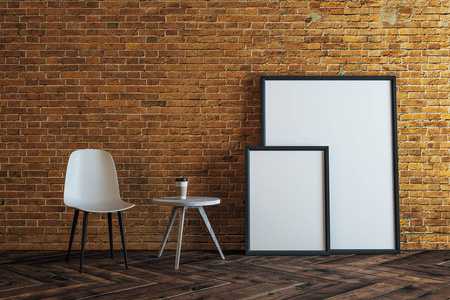 现代 comfortbale 砖家庭内部与椅子, 小咖啡桌和空的广告牌在墙壁上。模拟, 3d 渲染