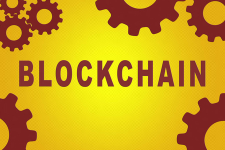 黄色渐变背景上红色齿轮的 Blockchain 符号概念插图