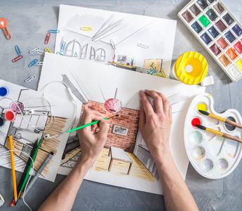 素描职业创意职业: 女设计师制作室内素描照片