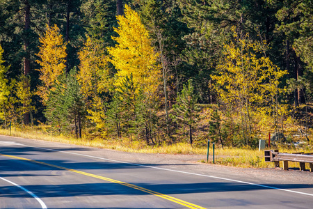 季节从秋天到冬天的变化。美国科罗拉多州的高速公路