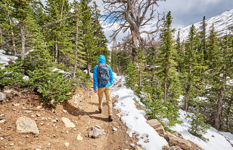 旅游用背包徒步多雪的线索，在落基山国家公园，科罗拉多州，美国