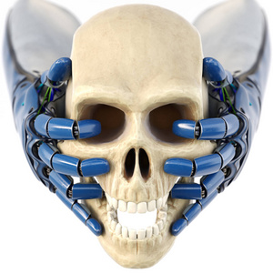 机器人的手保持着人类的头骨。在白色背景下被隔离。3d 插图