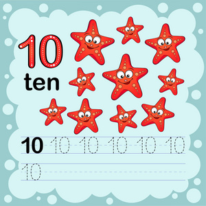 教育例证学习如何计数和写数字十.幼儿园和学前班工作表.海星照片