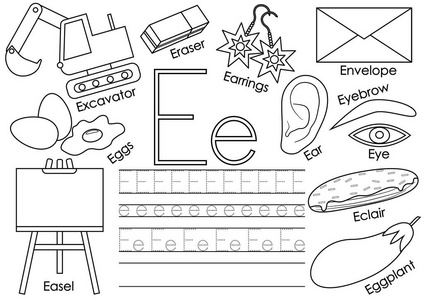 字母 e. 英文字母表。儿童教育游戏。写作练习。着色书。矢量插图