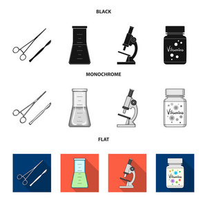 一个维生素库, 一个有溶液的烧瓶和其他设备。医学集合图标黑色, 平, 单色风格矢量符号股票插画网站