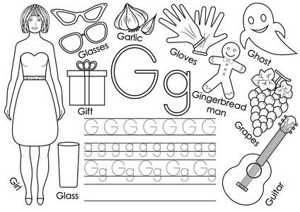 字母 g 英文字母表。写作练习。儿童教育游戏。着色书