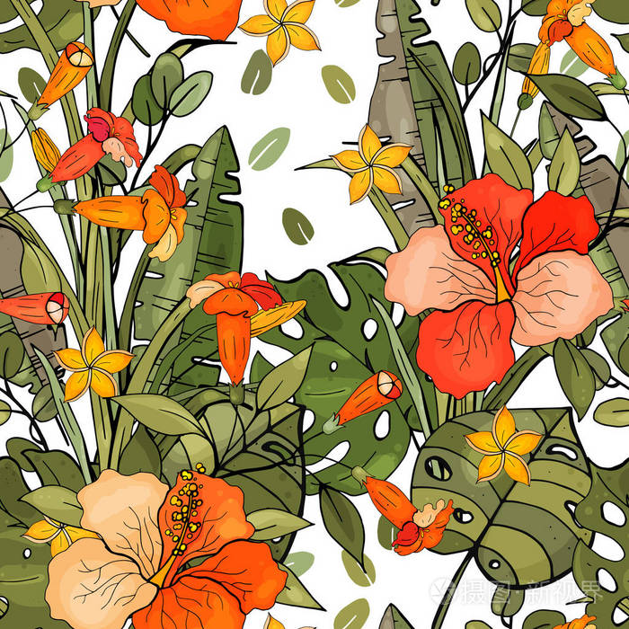 植物学主题分离的无缝花图案复古背景壁纸手绘矢量插图