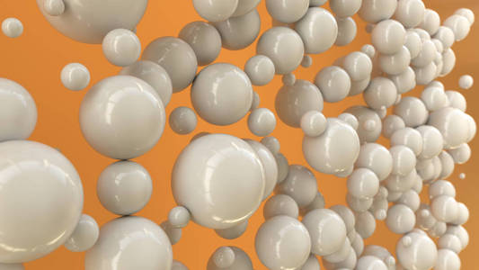 橙色背景上随机大小的白色球体。抽象背景与圈子。墙前的圆云。3d 渲染插图