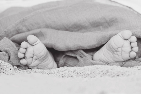 软刚出生的婴儿的脚裹在毯子
