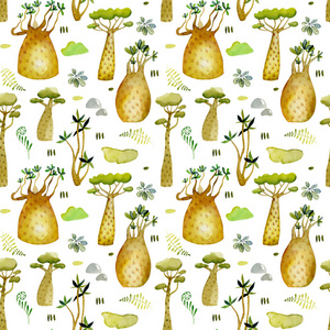 水彩热带猴面包树树和花元素无缝图案, 手绘白色背景照片