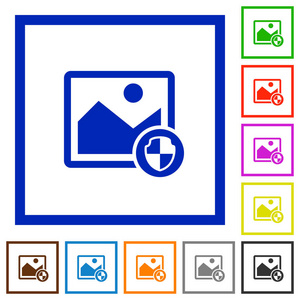 在白色背景下, 在正方形框架中保护图像平面颜色图标