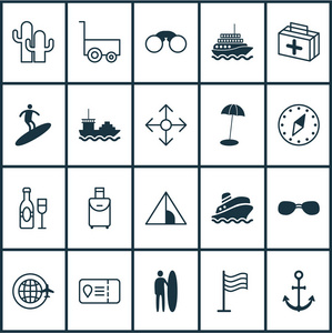 旅游图标设置与冲浪, 香槟, 帐篷和其他别针元素。独立例证旅游业图标