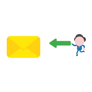 矢量插图商人吉祥物字符封闭邮件信封和运行和持有箭头指向左侧