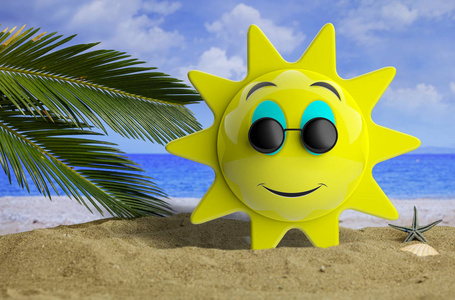 夏天的概念。emoji 表情太阳黄带着黑色圆太阳镜微笑着, 在沙滩上和大海上放着棕榈树的背景。3d 插图