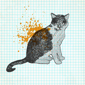 猫咪绘制矢量。纸 grunge 背景上