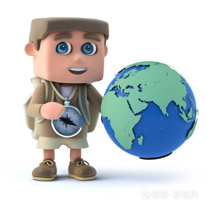 3d 滑稽卡通徒步旅行的孩子站在地球的世界上