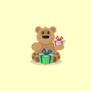 彩平艺术卡通插图玩具熊与礼品盒