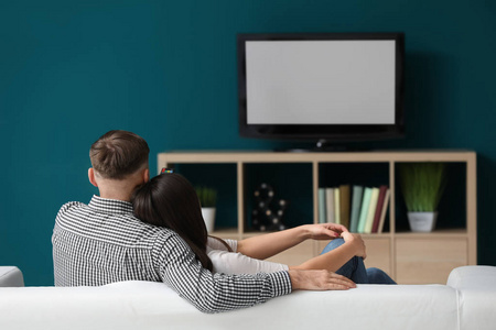 一群朋友坐在沙发上一起看电视纯平电视前面一对情侣坐在客厅沙发上的