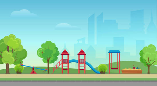 矢量城市公共公园与儿童游乐场在现代城市摩天大楼背景.