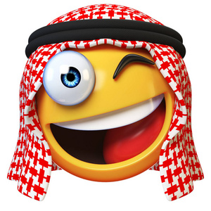 头盔酋长眨眼阿拉伯 emoji 表情在白色背景上孤立, 微笑的阿拉伯眨眼