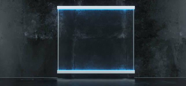 带有方形蓝色亮玻璃的混凝土墙的房间。空的空间. 3 d 渲染插图