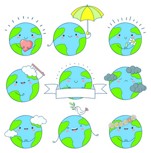 一套可爱的地球图标可爱的风格与微笑的脸和粉红色的脸颊。有花, 有心, 有伞的行星。Eps8