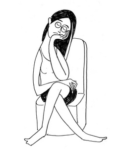 黑色和白色的眼镜女孩的素描坐在椅子上睡觉