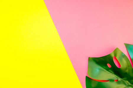 热带丛林棕榈龟背竹叶子在明亮的黄色和粉红色的纸背景。暑期创意平面布局概念模板文本