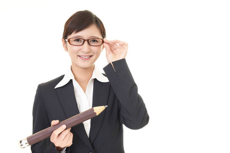 微笑的老师在白色背景被隔绝了照片