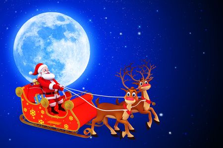 圣诞老人和他的雪橇与月亮在蓝色背景