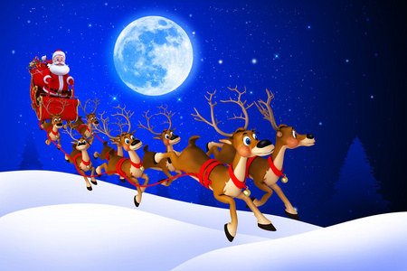 圣诞老人与他的雪橇上暗蓝色背景