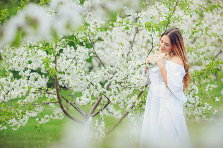 在盛开的春树上, 合上美丽优雅女人的浪漫肖像。浪漫的心情围绕着鲜花