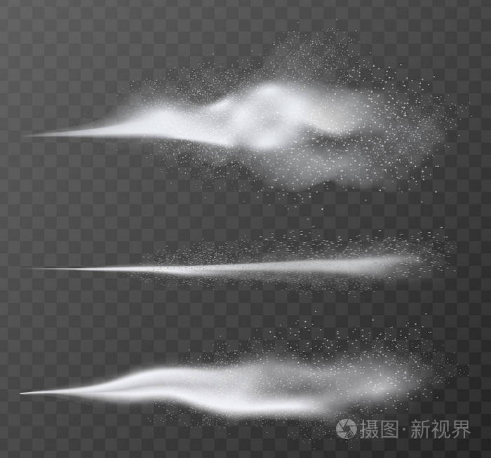 逼真的矢量通风水喷雾效果集.在深色透明 alpha 背景下隔离的喷雾器雾