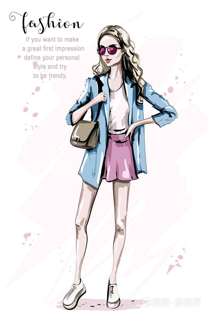 可爱的时尚女孩全身肖像.戴墨镜的时尚女人.素描