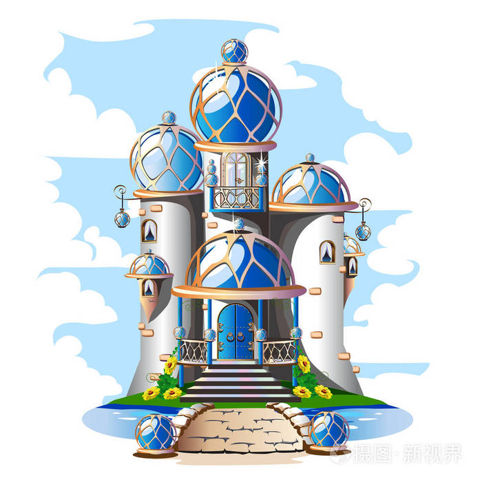 童话城堡与蓝色圆顶屋顶, 阳台和水晶.东方风格中的魔术矢量插画