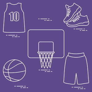 运动制服和篮球设备。篮球篮, 衬衫, 运动鞋, 短裤, 球