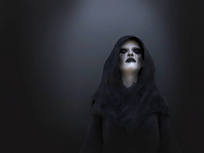 3d 渲染一个女性死亡天使或恶魔戴着黑色的头巾.深色背景照片