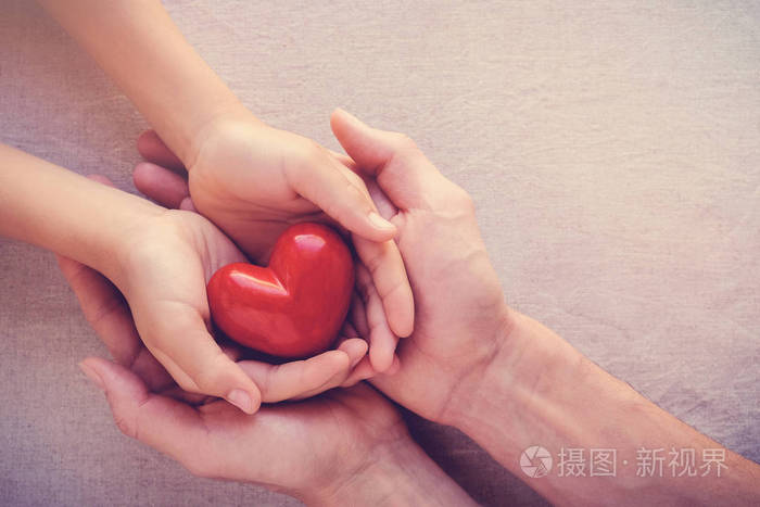 成人和儿童手 holiding 红色心脏, 健康关心爱, 给, 希望和家庭概念