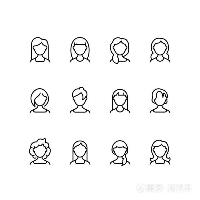 女人脸线图标.女性外形轮廓符号与不同的发型.