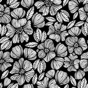 与花卉和植物的无缝纹理。花饰。原始的花卉图案。手绘。黑白相间