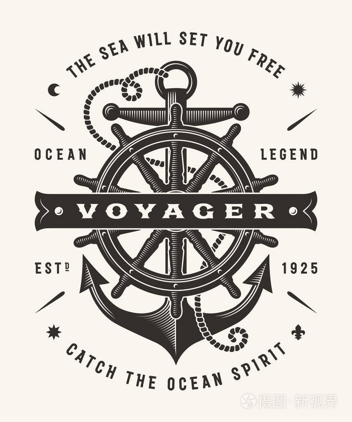 老式航海航海家版式 (一种颜色).在木刻风格的 t恤和标签图形.