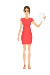 插图可爱的卡通商业妇女在红色礼服与标志