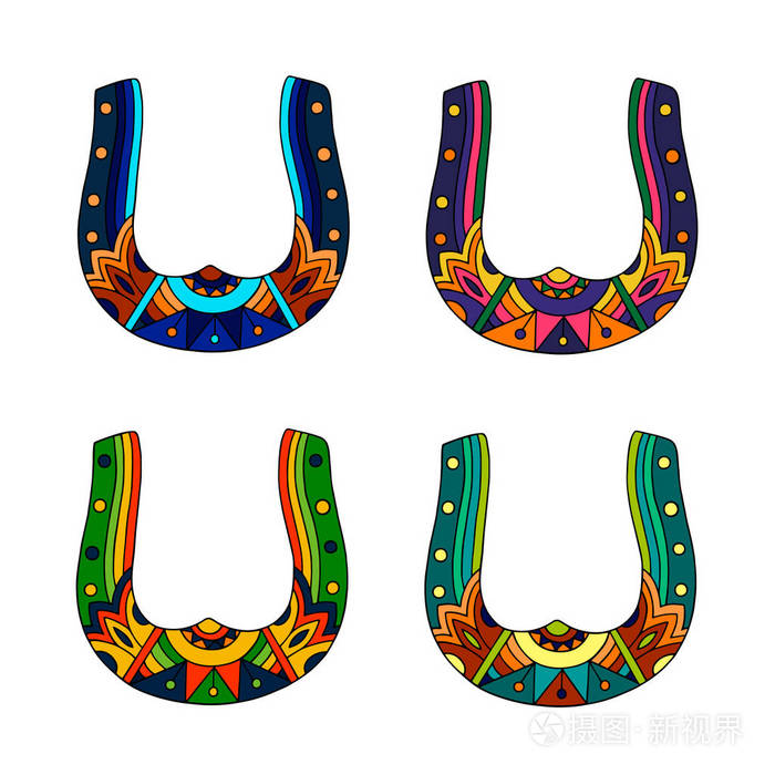 在白色背景下的装饰马蹄的矢量集平面设计插图