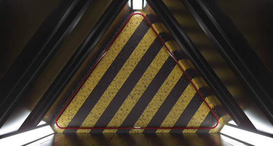 黑暗未来三角科幻空房间与危险样式墙壁和反射。3d 渲染插图