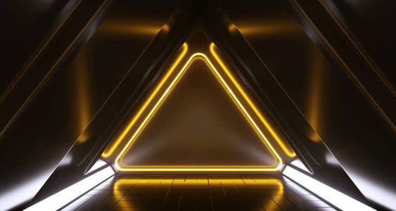 黑暗的未来三角科幻空走廊房间与五颜六色的霓虹灯和反射。3d 渲染插图