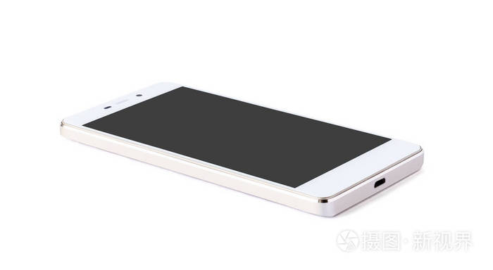 侧面透视视图的白色智能手机与触摸屏.在白色背景下隔离的现代设备