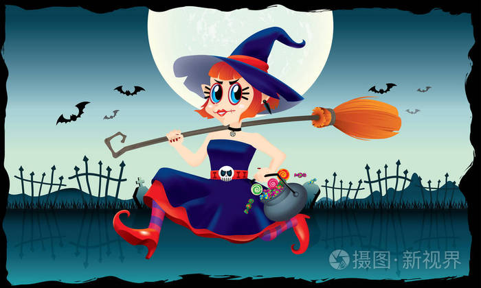 一个运行可爱的女巫, 手里拿着一碗糖果和一个魔法扫帚.